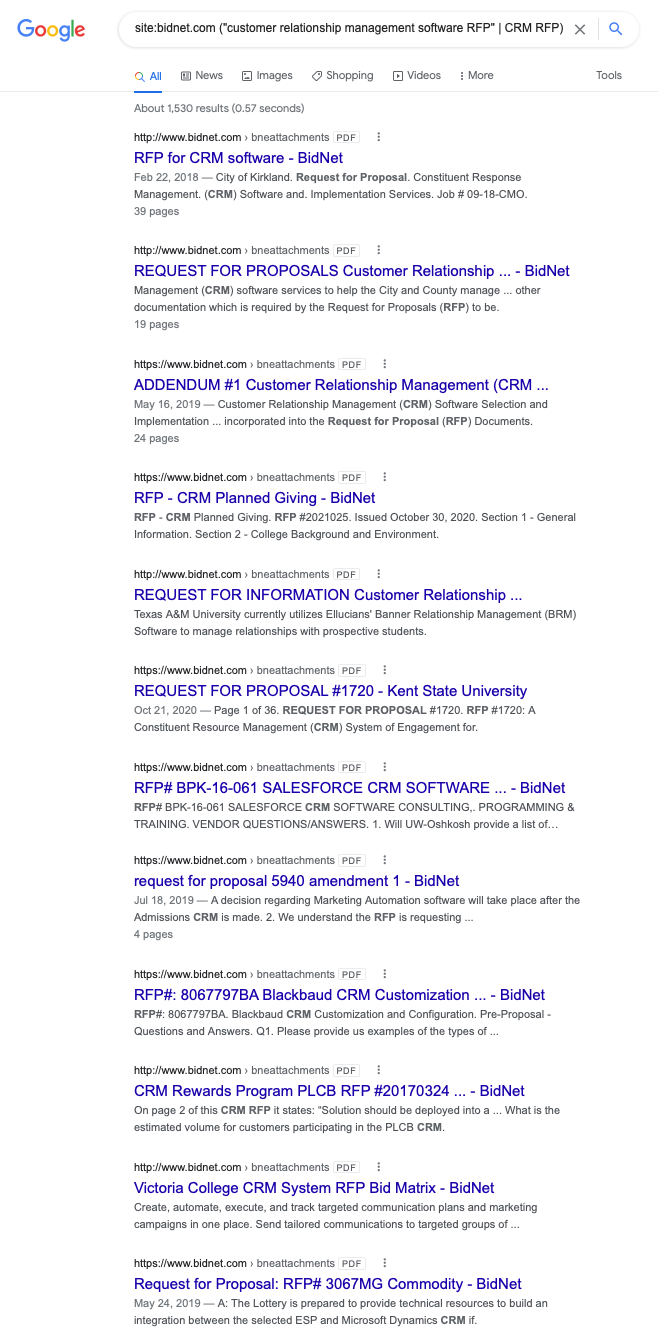 bidnet rfp crm google query example