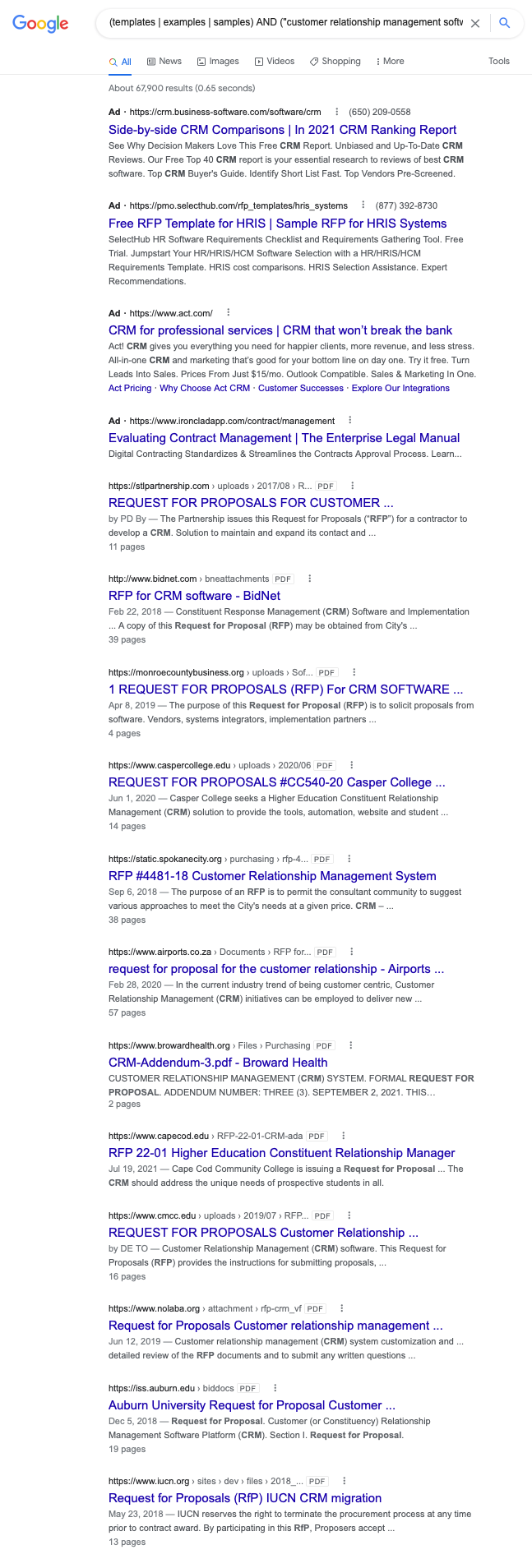 crm rfp software google query example
